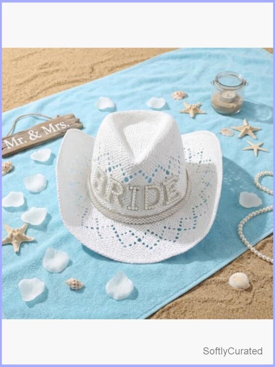 White Wide Brim Cowgirl Hat with Pearl Bride for Bachelorette Wedding main image 6
